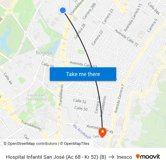 Hospital Infantil San José (Ac 68 - Kr 52) (B) to Inesco map
