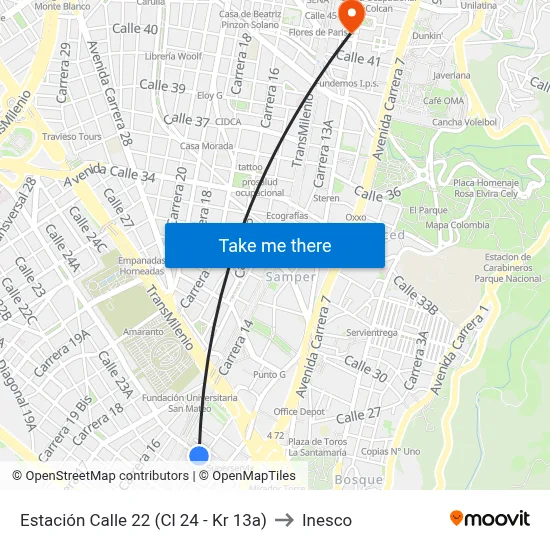 Estación Calle 22 (Cl 24 - Kr 13a) to Inesco map