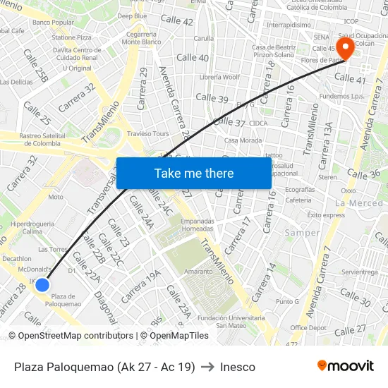 Plaza Paloquemao (Ak 27 - Ac 19) to Inesco map