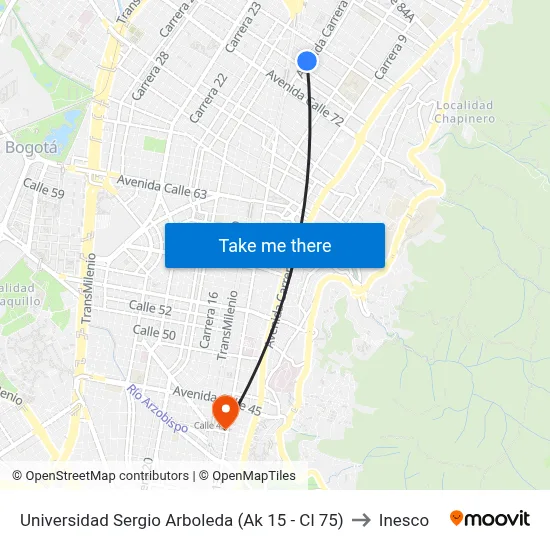 Universidad Sergio Arboleda (Ak 15 - Cl 75) to Inesco map