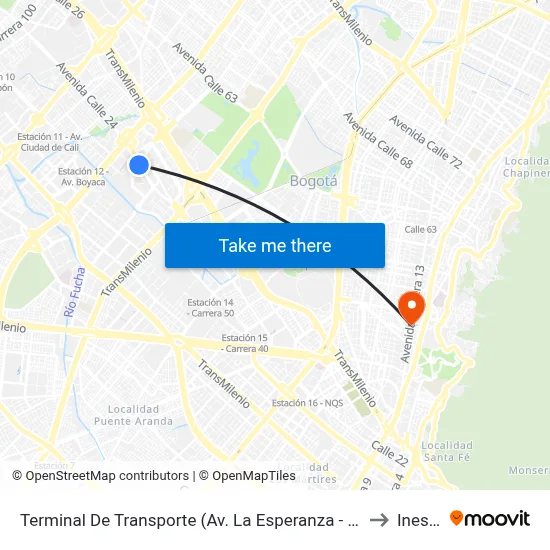Terminal De Transporte (Av. La Esperanza - Kr 69d) to Inesco map