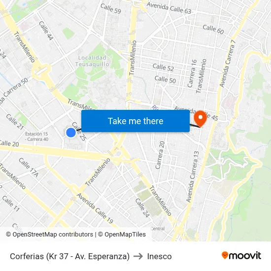 Corferias (Kr 37 - Av. Esperanza) to Inesco map