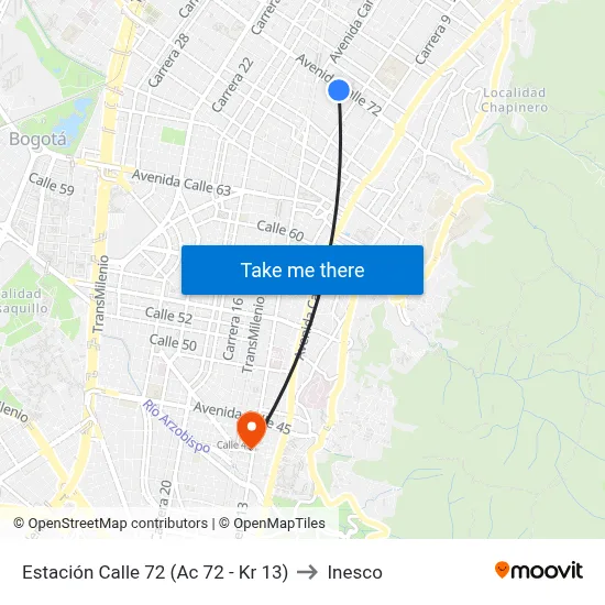 Estación Calle 72 (Ac 72 - Kr 13) to Inesco map