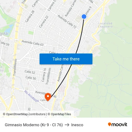 Gimnasio Moderno (Kr 9 - Cl 76) to Inesco map
