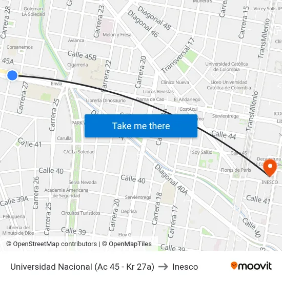 Universidad Nacional (Ac 45 - Kr 27a) to Inesco map