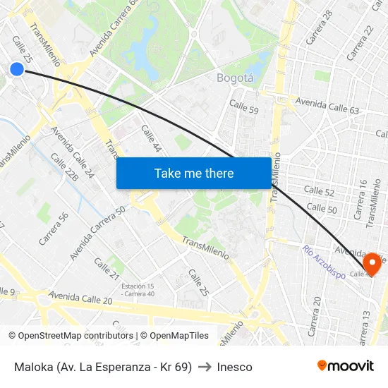 Maloka (Av. La Esperanza - Kr 69) to Inesco map