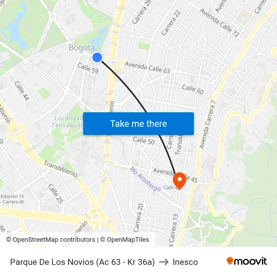 Parque De Los Novios (Ac 63 - Kr 36a) to Inesco map