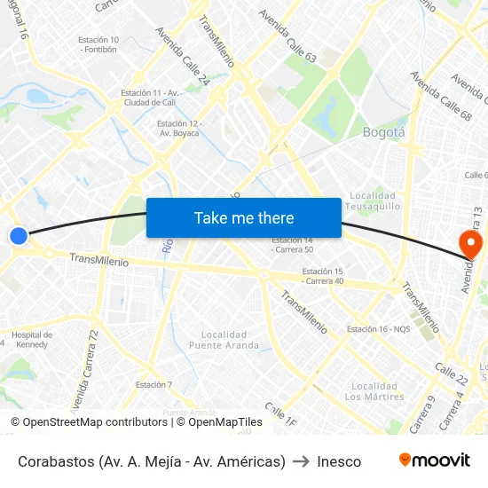 Corabastos (Av. A. Mejía - Av. Américas) to Inesco map