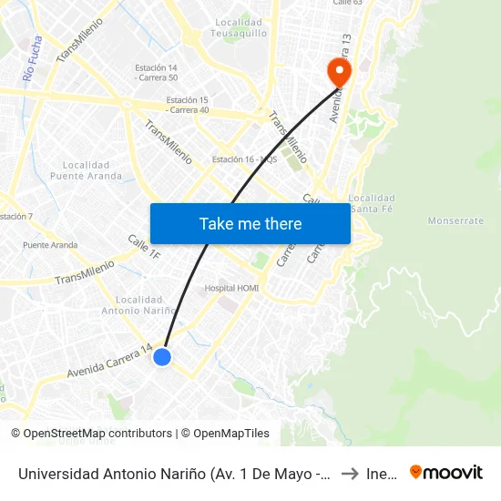 Universidad Antonio Nariño (Av. 1 De Mayo - Kr 13 Bis) (A) to Inesco map