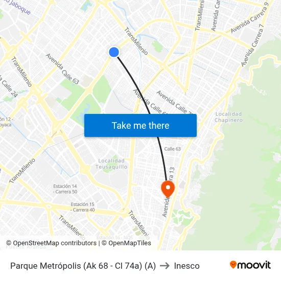 Parque Metrópolis (Ak 68 - Cl 74a) (A) to Inesco map