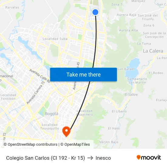 Colegio San Carlos (Cl 192 - Kr 15) to Inesco map