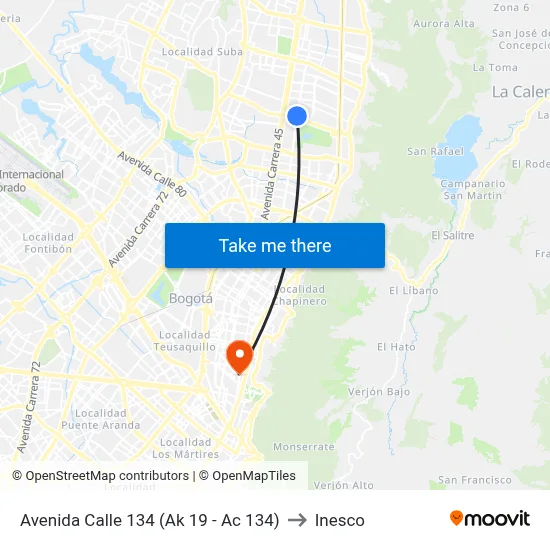 Avenida Calle 134 (Ak 19 - Ac 134) to Inesco map