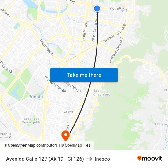 Avenida Calle 127 (Ak 19 - Cl 126) to Inesco map