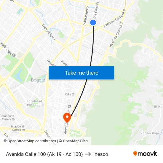 Avenida Calle 100 (Ak 19 - Ac 100) to Inesco map