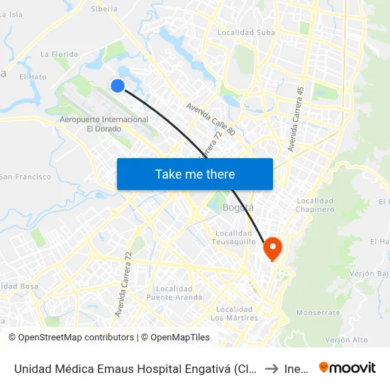 Unidad Médica Emaus Hospital Engativá (Cl 64 - Kr 121) to Inesco map