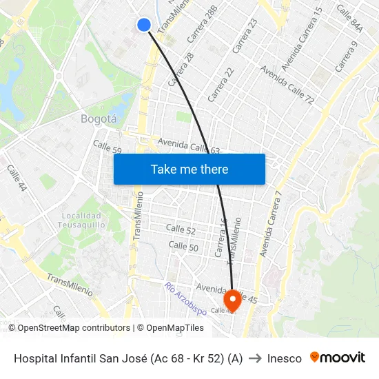 Hospital Infantil San José (Ac 68 - Kr 52) (A) to Inesco map