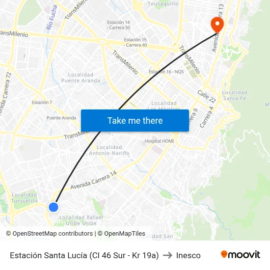 Estación Santa Lucía (Cl 46 Sur - Kr 19a) to Inesco map