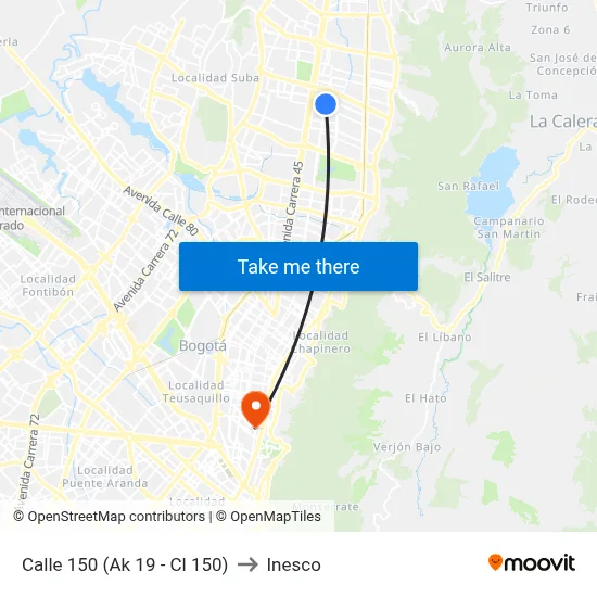 Calle 150 (Ak 19 - Cl 150) to Inesco map