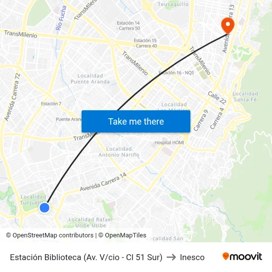 Estación Biblioteca (Av. V/cio - Cl 51 Sur) to Inesco map
