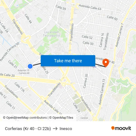 Corferias (Kr 40 - Cl 22b) to Inesco map