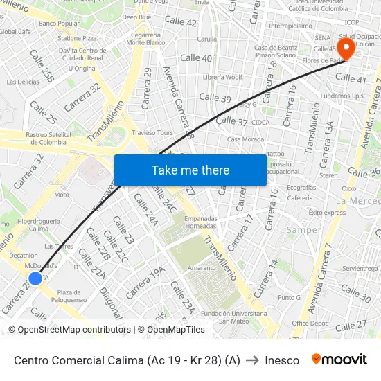 Centro Comercial Calima (Ac 19 - Kr 28) (A) to Inesco map