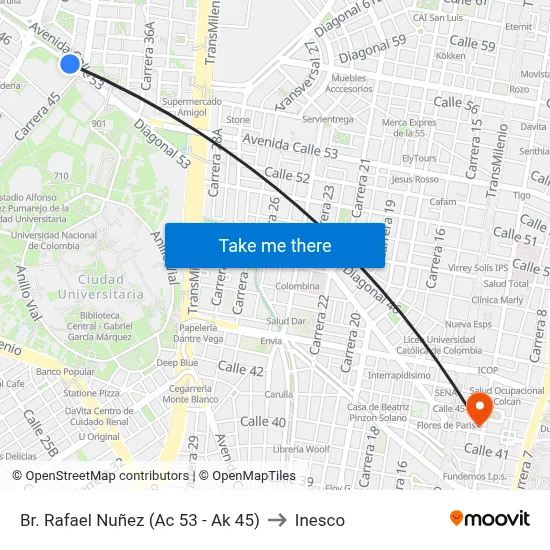 Br. Rafael Nuñez (Ac 53 - Ak 45) to Inesco map