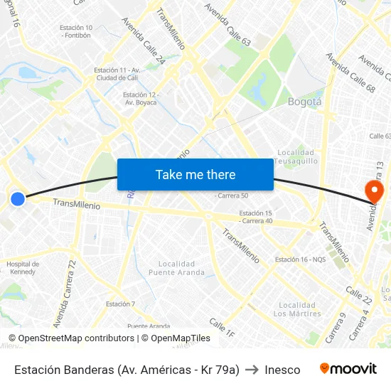 Estación Banderas (Av. Américas - Kr 79a) to Inesco map