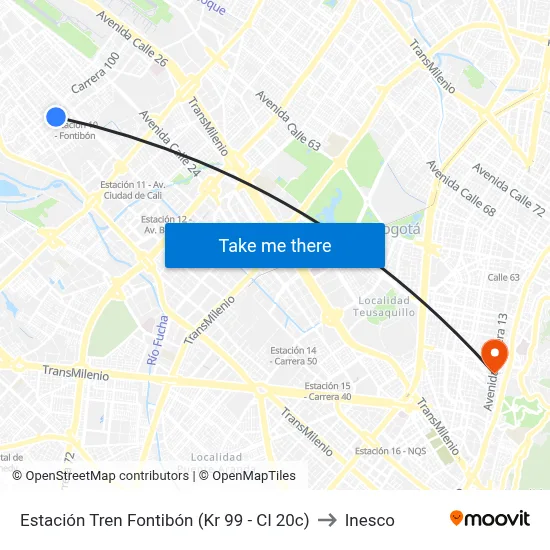 Estación Tren Fontibón (Kr 99 - Cl 20c) to Inesco map