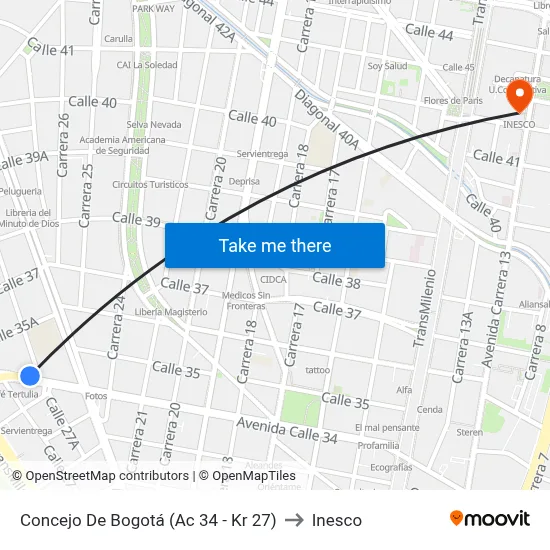 Concejo De Bogotá (Ac 34 - Kr 27) to Inesco map