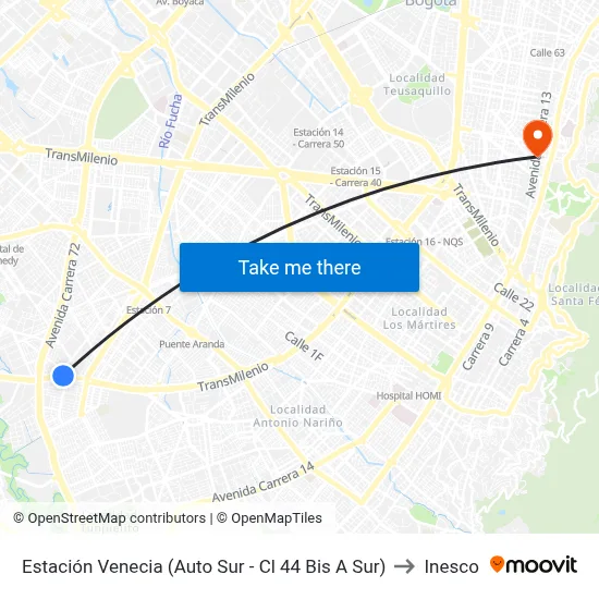 Estación Venecia (Auto Sur - Cl 44 Bis A Sur) to Inesco map