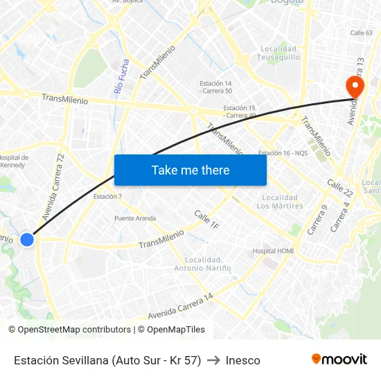 Estación Sevillana (Auto Sur - Kr 57) to Inesco map