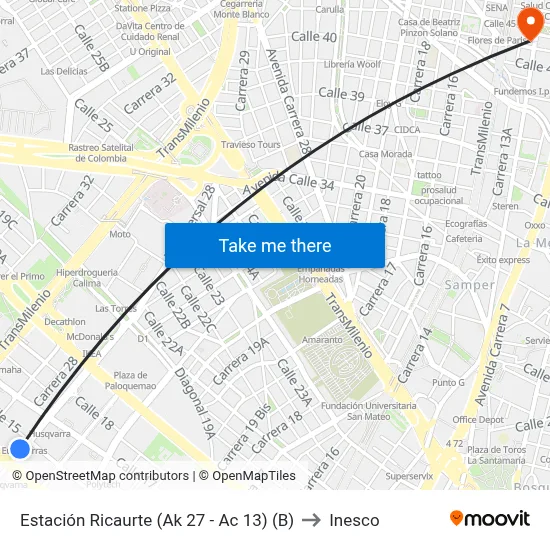 Estación Ricaurte (Ak 27 - Ac 13) (B) to Inesco map