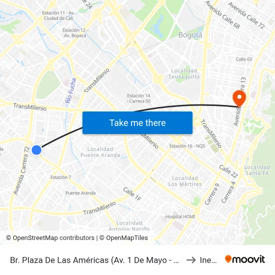 Br. Plaza De Las Américas (Av. 1 De Mayo - Kr 69c) (D) to Inesco map
