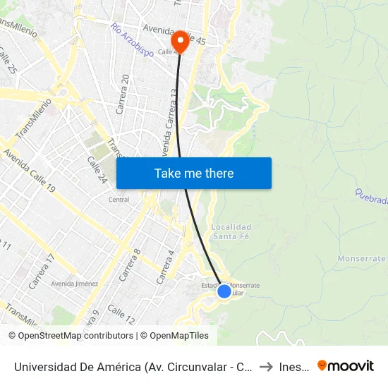 Universidad De América (Av. Circunvalar - Cl 19a) to Inesco map