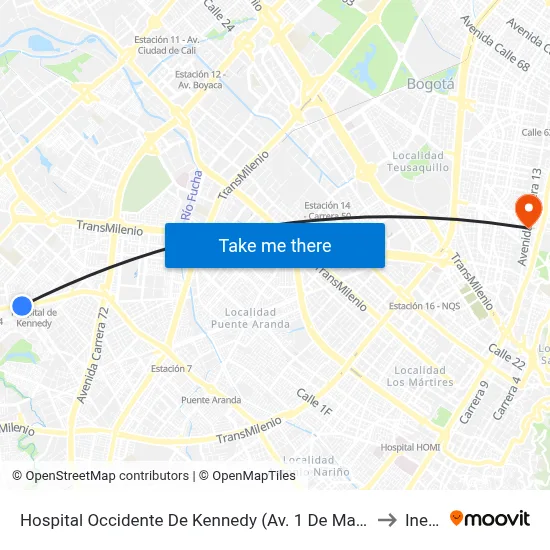 Hospital Occidente De Kennedy (Av. 1 De Mayo - Cl 40b Sur) (B) to Inesco map