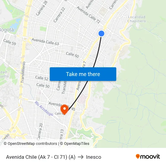 Avenida Chile (Ak 7 - Cl 71) (A) to Inesco map