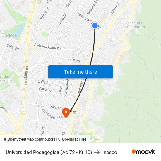 Universidad Pedagógica (Ac 72 - Kr 10) to Inesco map