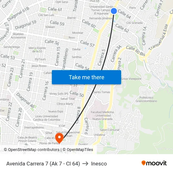 Avenida Carrera 7 (Ak 7 - Cl 64) to Inesco map