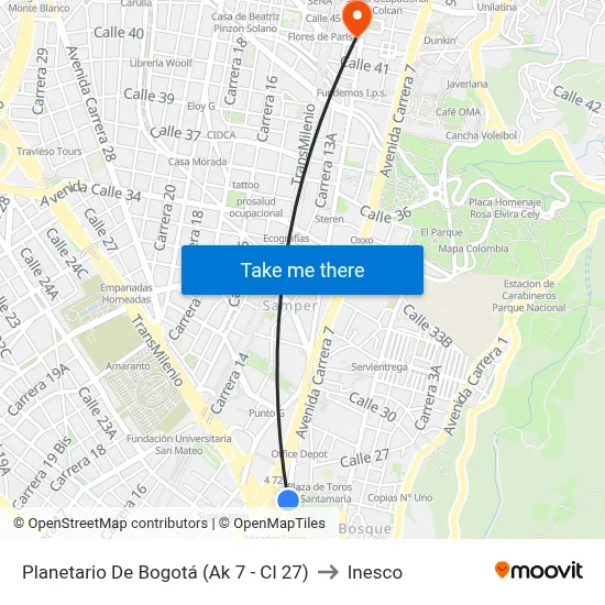 Planetario De Bogotá (Ak 7 - Cl 27) to Inesco map