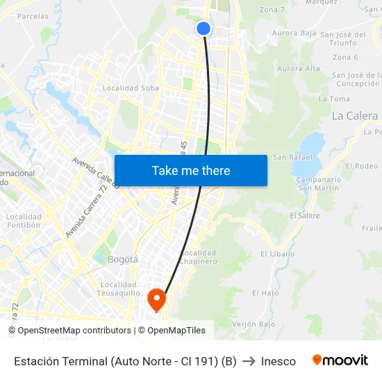 Estación Terminal (Auto Norte - Cl 191) (B) to Inesco map