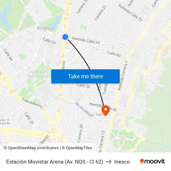 Estación Movistar Arena (Av. NQS - Cl 62) to Inesco map