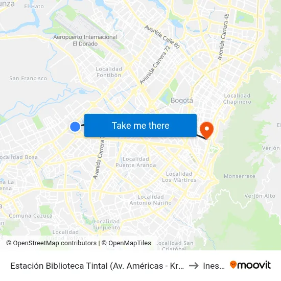 Estación Biblioteca Tintal (Av. Américas - Kr 82) (A) to Inesco map