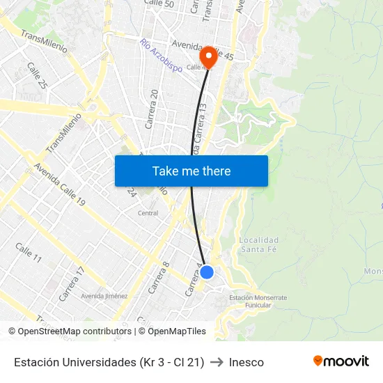Estación Universidades (Kr 3 - Cl 21) to Inesco map
