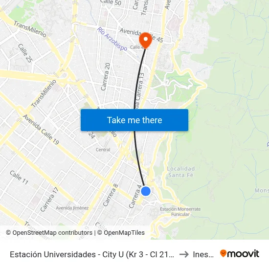 Estación Universidades - City U (Kr 3 - Cl 21) (A) to Inesco map