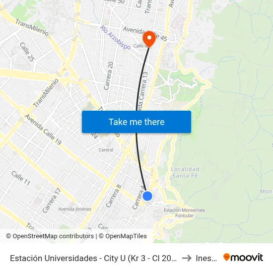 Estación Universidades - City U (Kr 3 - Cl 20) (B) to Inesco map
