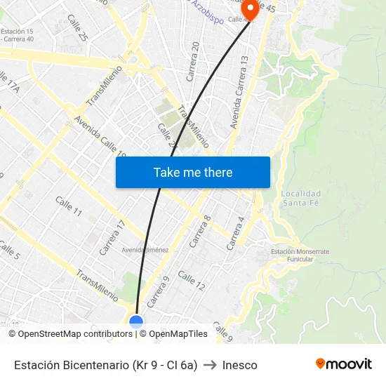 Estación Bicentenario (Kr 9 - Cl 6a) to Inesco map