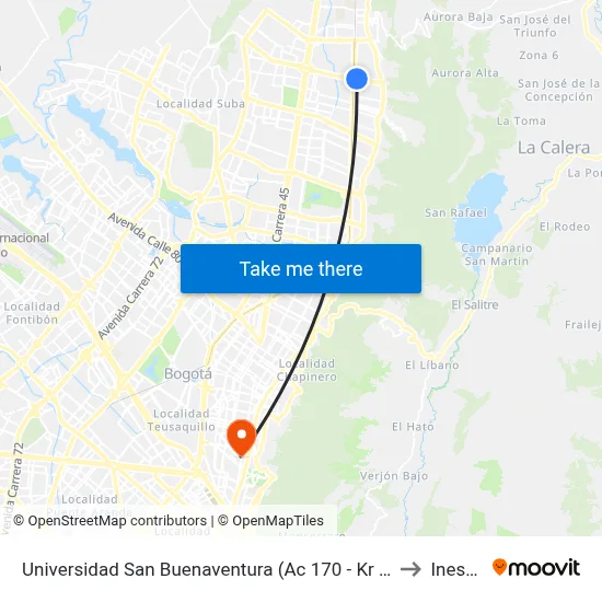 Universidad San Buenaventura (Ac 170 - Kr 8h) to Inesco map