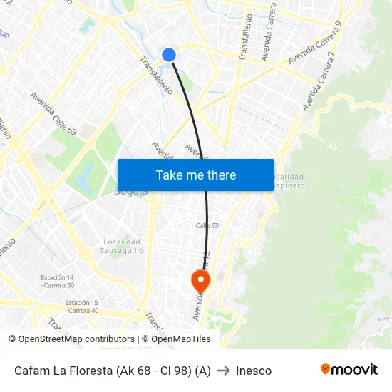 Cafam La Floresta (Ak 68 - Cl 98) (A) to Inesco map
