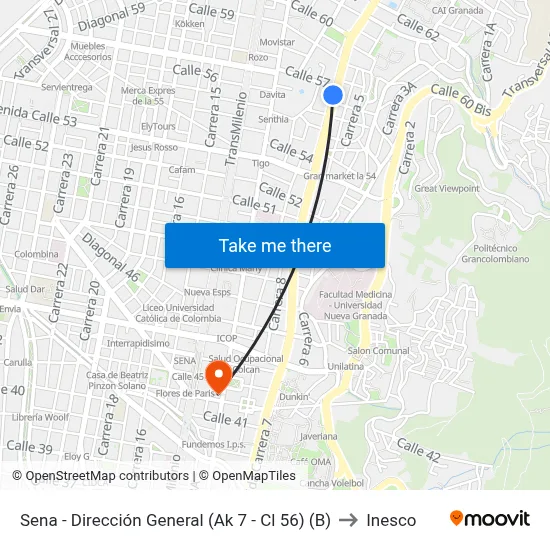 Sena - Dirección General (Ak 7 - Cl 56) (B) to Inesco map