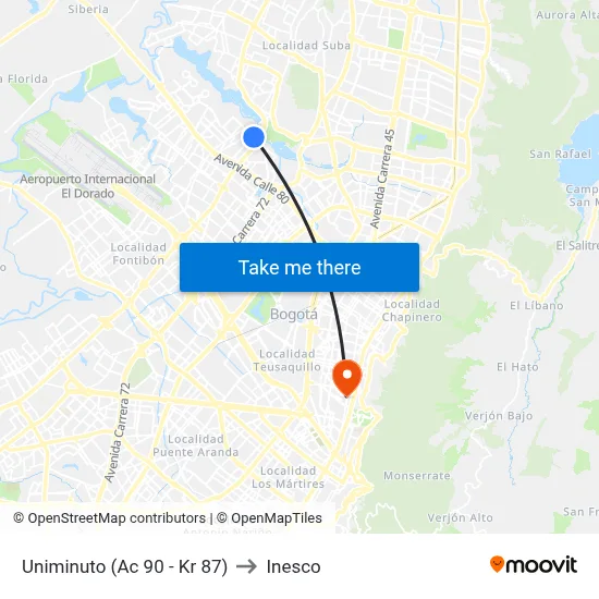 Uniminuto (Ac 90 - Kr 87) to Inesco map